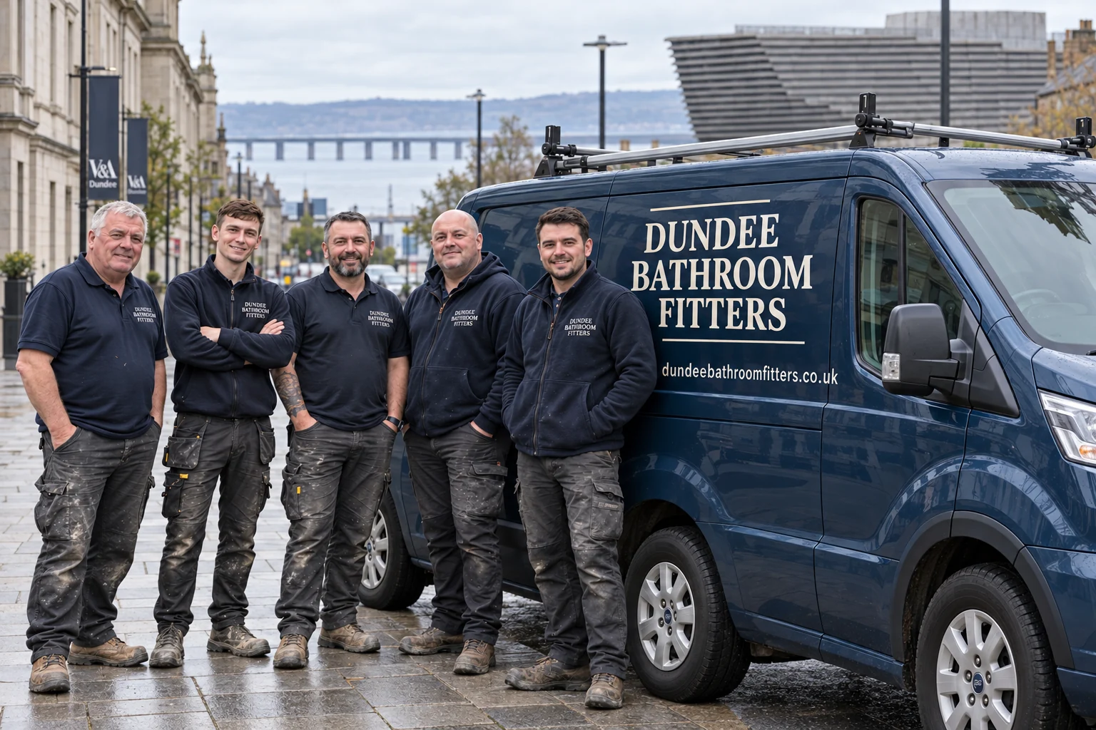 Bathroom trade group beside a dundeebathroomfitters.co.uk branded van